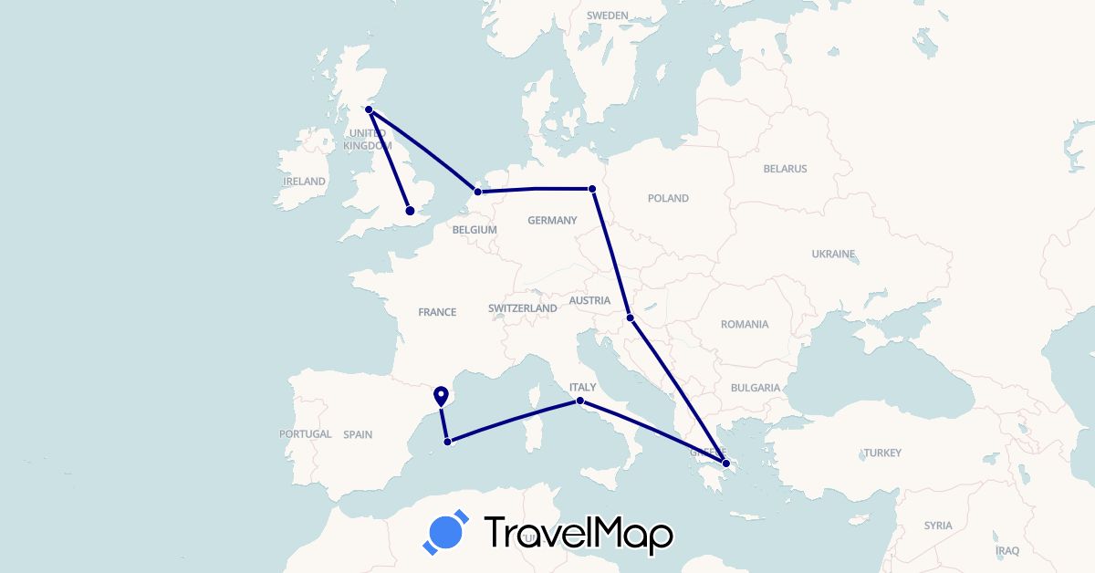 TravelMap itinerary: driving in Germany, Spain, United Kingdom, Greece, Croatia, Italy, Netherlands (Europe)